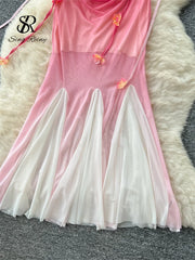 BXOXO Spaghetti Strap Mesh Beach Dress Female 3D Floral Backless Maxi Sundress Holiday Gradient Mermaid Long Party Dress