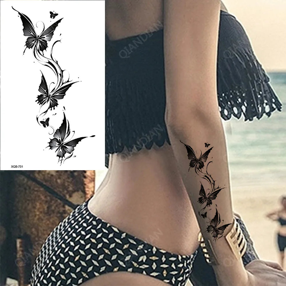 BXOXO Black Flower Waterproof Temporary Tattoo Sticker Beauty Butterfly Rose for Women 3D Flash Body Arm Art Washable Fake Tattoos