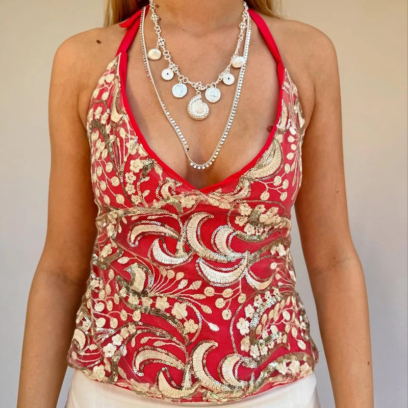 BXOXO Glitter Beaded Vest Sequin Sparkly Backless Tie Up Halter Tops Boho Beach Vacation Crop Top Women Y2k Coquette Camis
