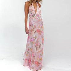 BXOXO Y2k Women Boho Floral Print Halter Maxi Bodycon Dress Summer Backless Ruffle Flowy Long Dress Beach Vacation Sundress