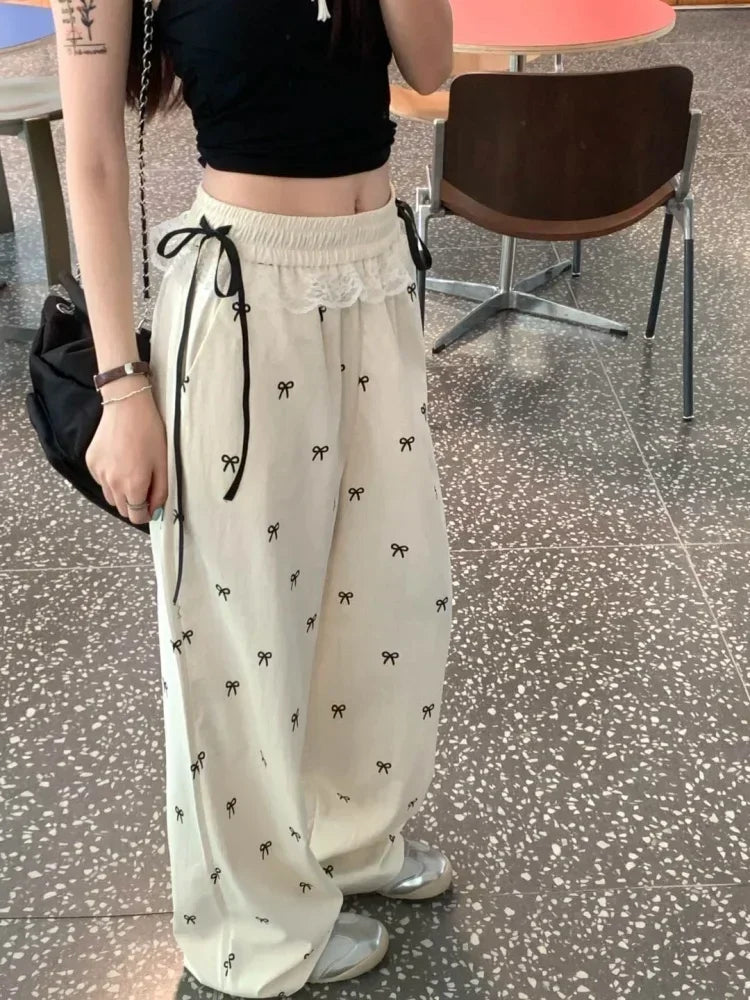 Bxoxo Fashion Lace Patchwork Women Casual Pants Summer Loose Preppy Bow Print Jogging Pants High Waist All Match Straight Trousers