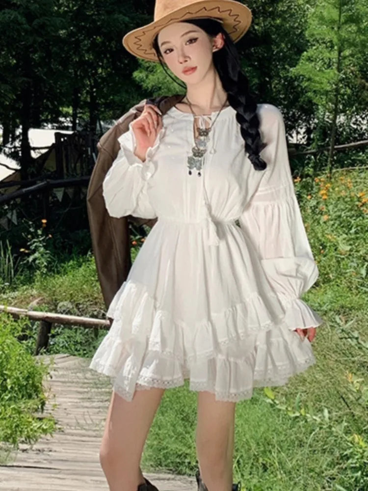 Bxoxo Woman Vintage Korean Short Dress Ruffles Asymmetrical Slim Waist White Long Sleeves Vestidos 2025 New Holiday Casual Dresses