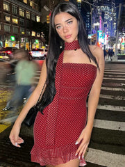 BXOXO Scarf Collar Polka Dot Mini Dress Women Robe Fashion Off-shoulder Backless Sleeveless Ruffled Club Party Dress Vestido