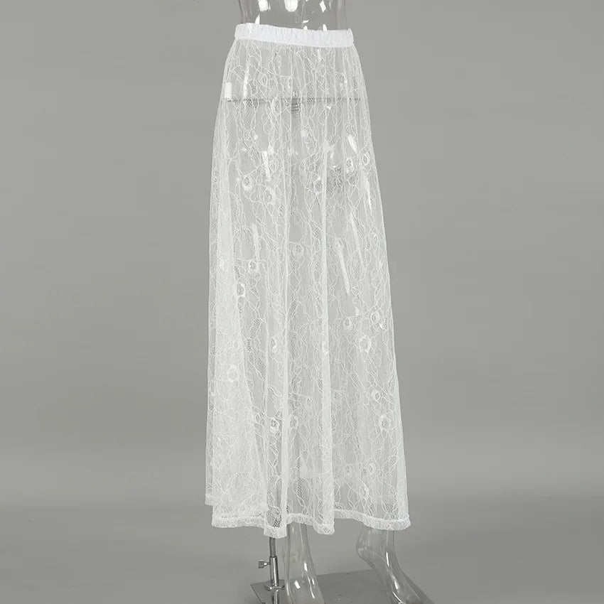 Bxoxo New Jacquard Lace Sheer Long Skirt Women Elastic Waist White Sexy Transparent Maxi Skirts Female Streetwear Fashion Faldas Jupe
