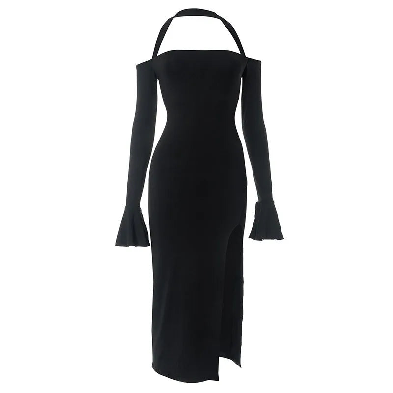 BXOXO Sexy Black Split Dress Women Autumn Solid Long Sleeves Halter Backless Slim Dress Club Off Shoulder Elegant Party Dresses Female