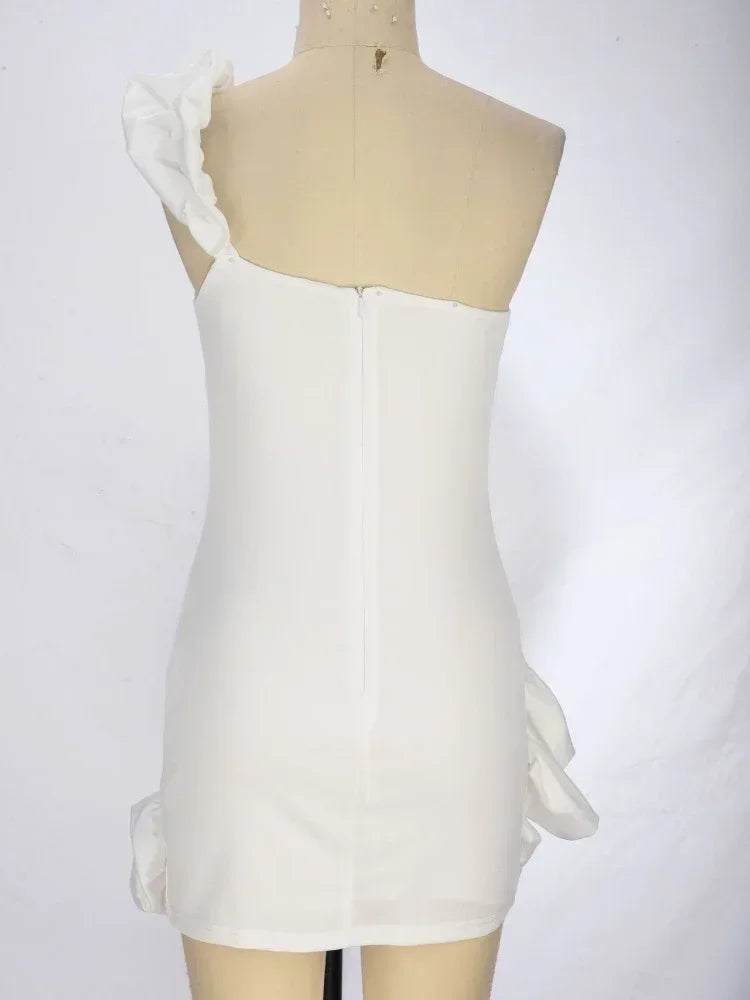 BXOXO Elegant White Mini Dresses 3D Flower Luxury One Shoulder Sleeveless Pleated Cocktail Party Evening Bodycon Dress Female