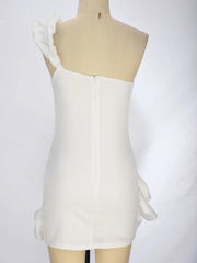 BXOXO Elegant White Mini Dresses 3D Flower Luxury One Shoulder Sleeveless Pleated Cocktail Party Evening Bodycon Dress Female