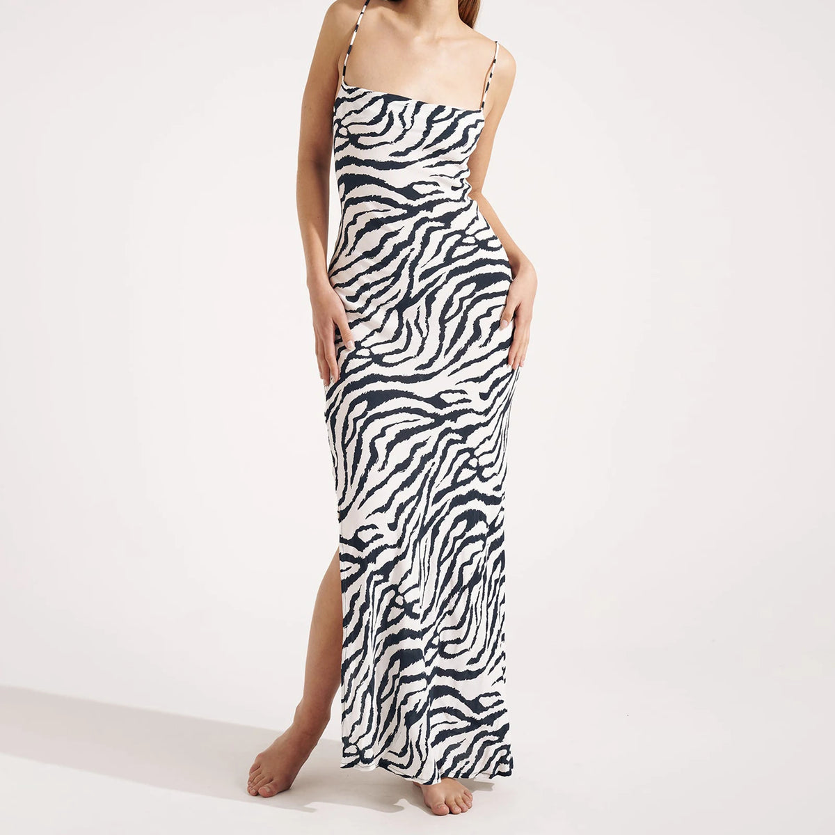 BXOXO Fashion Women's Zebra Print Cami Dress Sleeveless Tie Backless Bodycon Long Dress Summer Beach Party Sun Dress