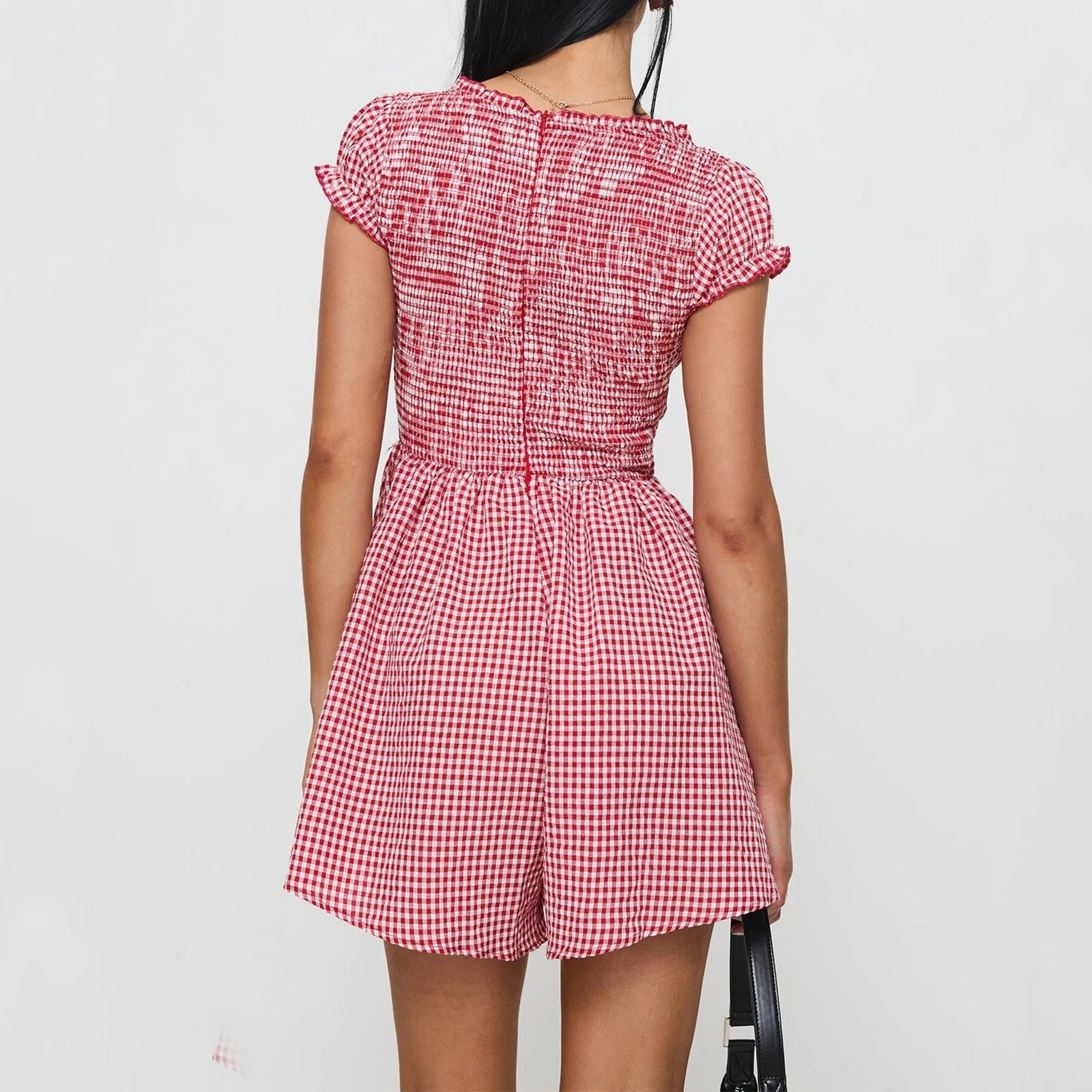 BXOXO Women Y2k Gingham Playsuit Short Sleeve Smocked Babydoll Bodysuit Rompers Flowy A-Line Club Dress Retro Streetwear