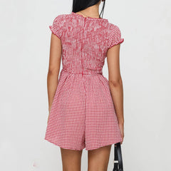 BXOXO Women Y2k Gingham Playsuit Short Sleeve Smocked Babydoll Bodysuit Rompers Flowy A-Line Club Dress Retro Streetwear