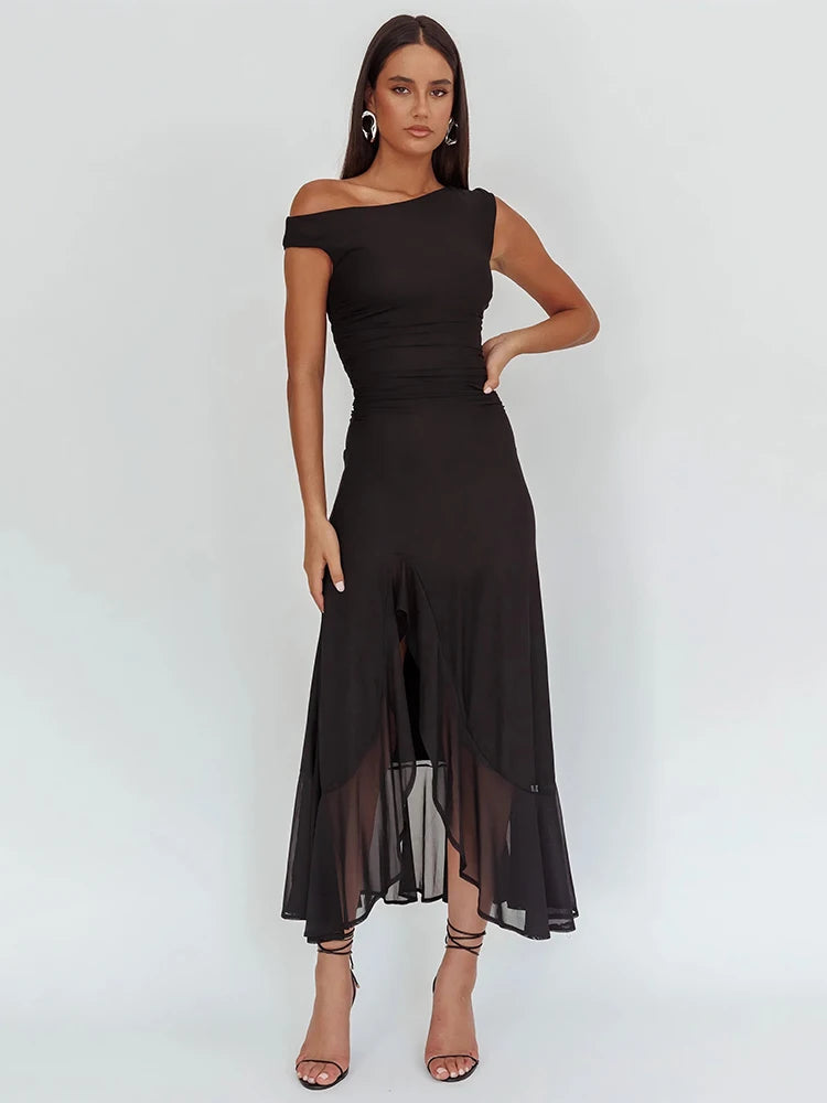 BXOXO Sleeveless Ruffled Split Maxi Dress For Women Gown Mesh O Neck Oblique Shoulder Backless High Waist Slim Fit Club Dress