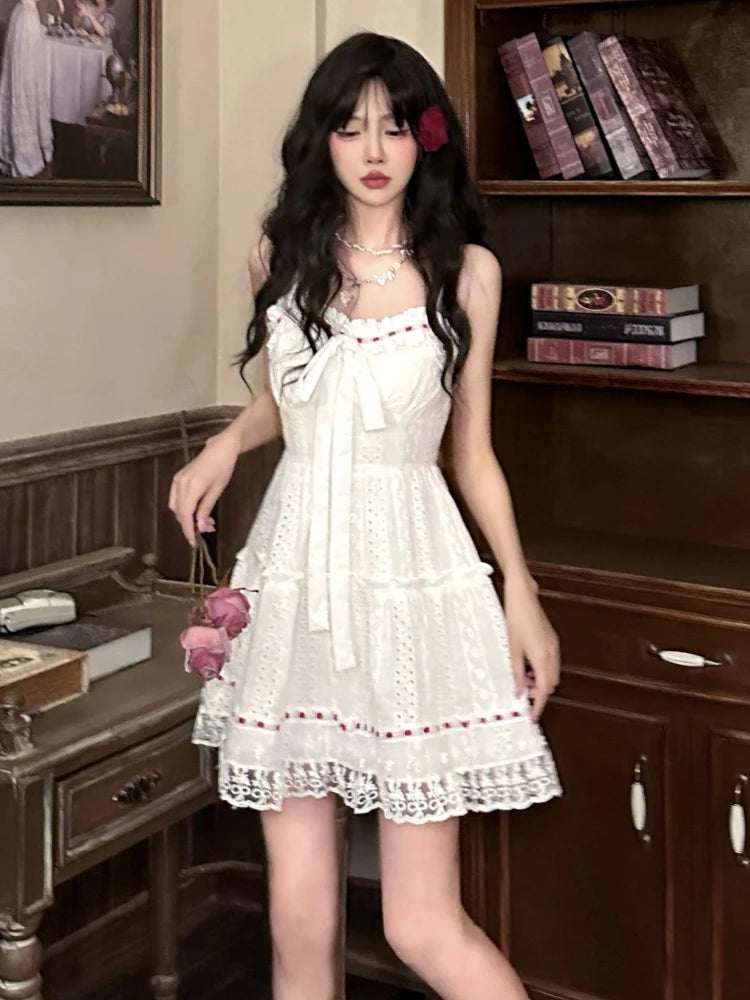 Bxoxo Sweet Lace Patchwork Camis Dress Women Sexy Spaghetti Straps Bow Dress Female Casual Cute Princess Wedding Party Dress New