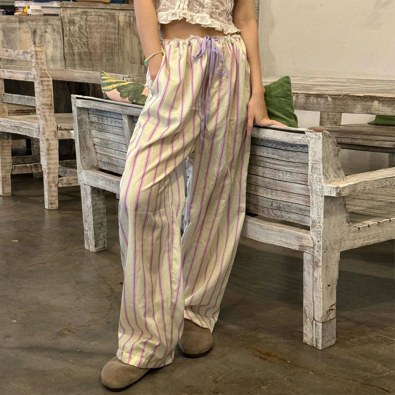 BXOXO Women‘s 2000s Aesthetic Loose Pants Stripe Drawstring Elastic Waist Trousers Spring Summer Lady Fashion Casual Pants