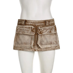 BXOXO Grunge Harajuku Cargo Mini Skirts Vintage Streetwear Denim Skirts Women A-line Low Waist Pocket Patch Clothes y2k 90S