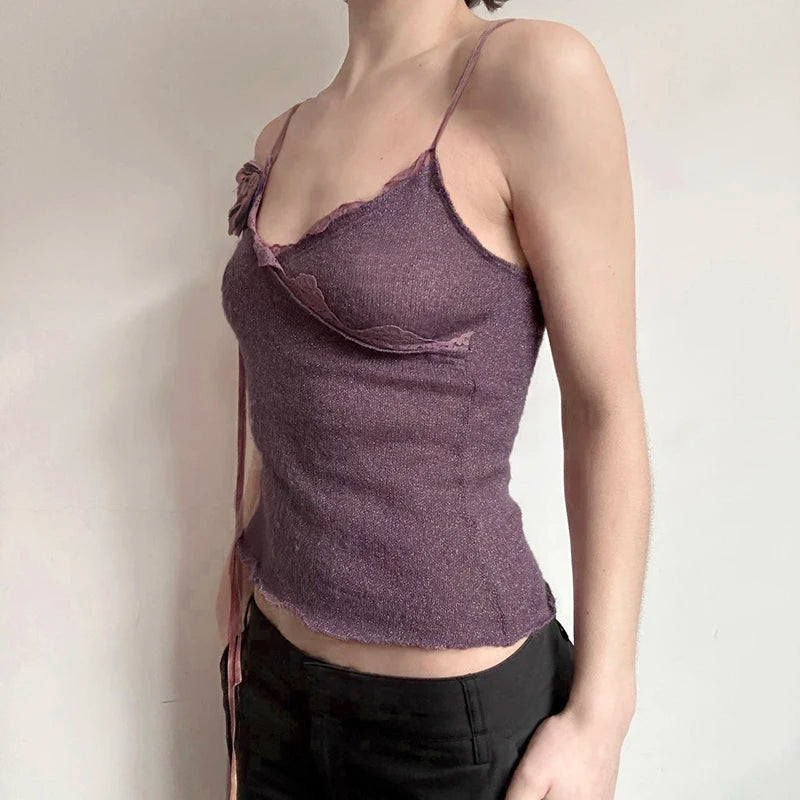BXOXO Vintage Solid Strap Top Retro Floral Stitching Sleeveless Slim-fitting Crop Tops Women Summer Casual Knitted Tees Grunge