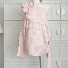 Bxoxo Sweet Sexy Hollow Out Knitted Pullover Women Off Shoulder Japanese Style Elegant Sweater Kawaii Lolita Lace Up Jumpers