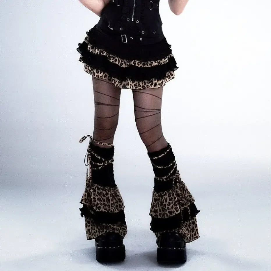 Bxoxo Y2K Leopard Print Ruffle Kawaii Vintage Skirts Goth Black Aesthetic Subculture Short High Waist Punk Cake Fluffy Cute Slim Skirt