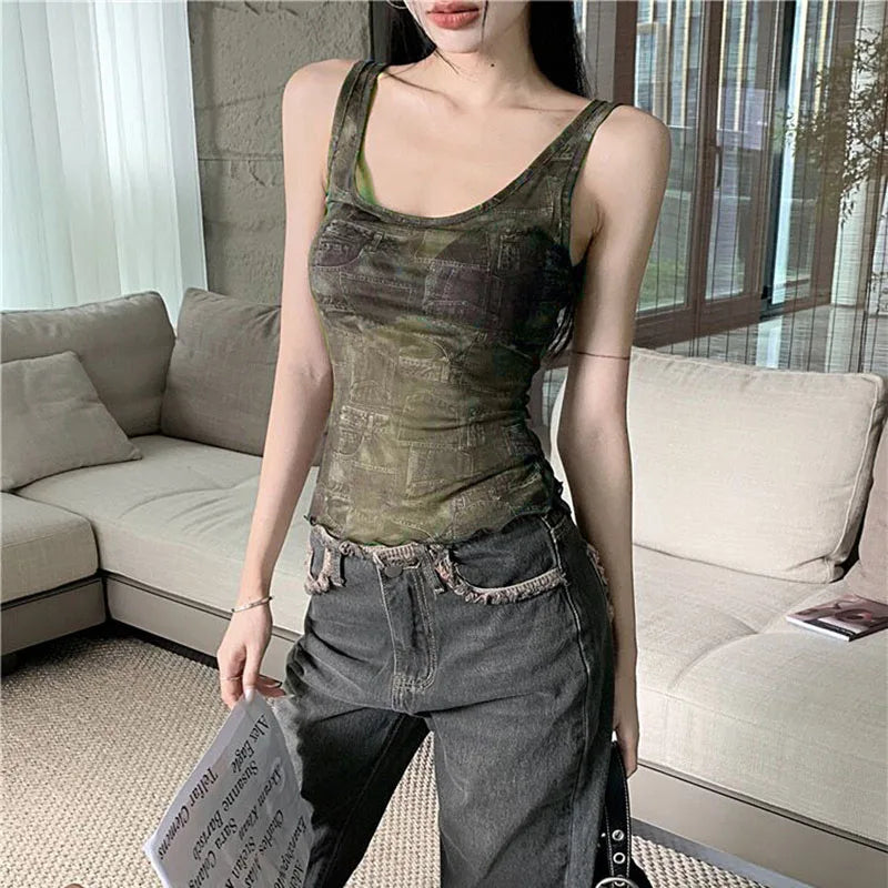 BXOXO Women's Summer Fitted Crop Tops Y2K Vintage Sleeveless U Neck Open Back Vintage Pattern Print Tank Tops E-Girl Streetwear