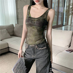 BXOXO Women's Summer Fitted Crop Tops Y2K Vintage Sleeveless U Neck Open Back Vintage Pattern Print Tank Tops E-Girl Streetwear
