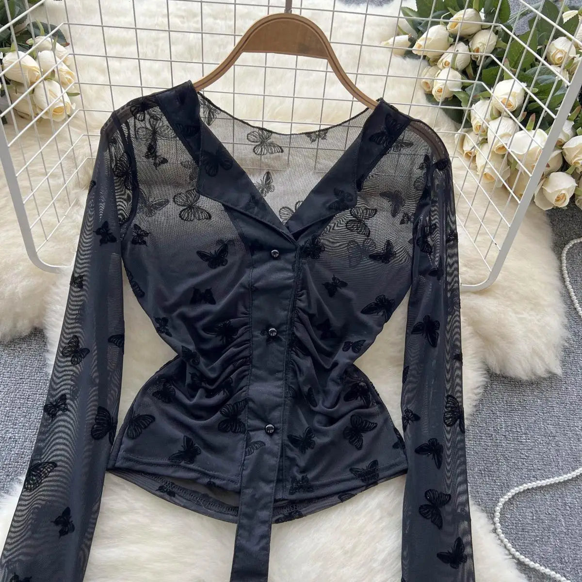 Bxoxo Butterfly Print Blouse Summer Long Sleeve V Neck Y2K 2024 Slim Vacation Ladies High Street Fashion Casual Shirt