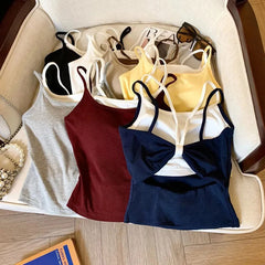 Bxoxo Fashion Patchwork Fake 2 Piece Women Camis Summer Fashion Spaghetti Straps with Chest Pad Vest Korean Chic Base Tank Female