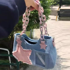 BXOXO Y2K Vintage Shoulder Bag Korean Fashion Underarm Harajuku Star Tote Denim Bag Chain Ladies Bags Zip Purses Handbags Women