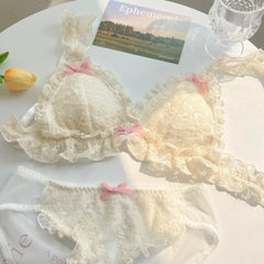 BXOXO Japanese Girl Underwear Female Sweet Cute Pure Desire Without Underwire Bow Lace Edge Thin Bra Set