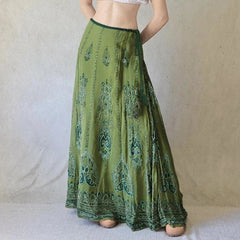 Bxoxo Retrp Print Knitted Long Skirts Chic Lace-up Low Rise Loose A-line Vintage 2000s Skirts for Women y2k Aesthetic Clothing