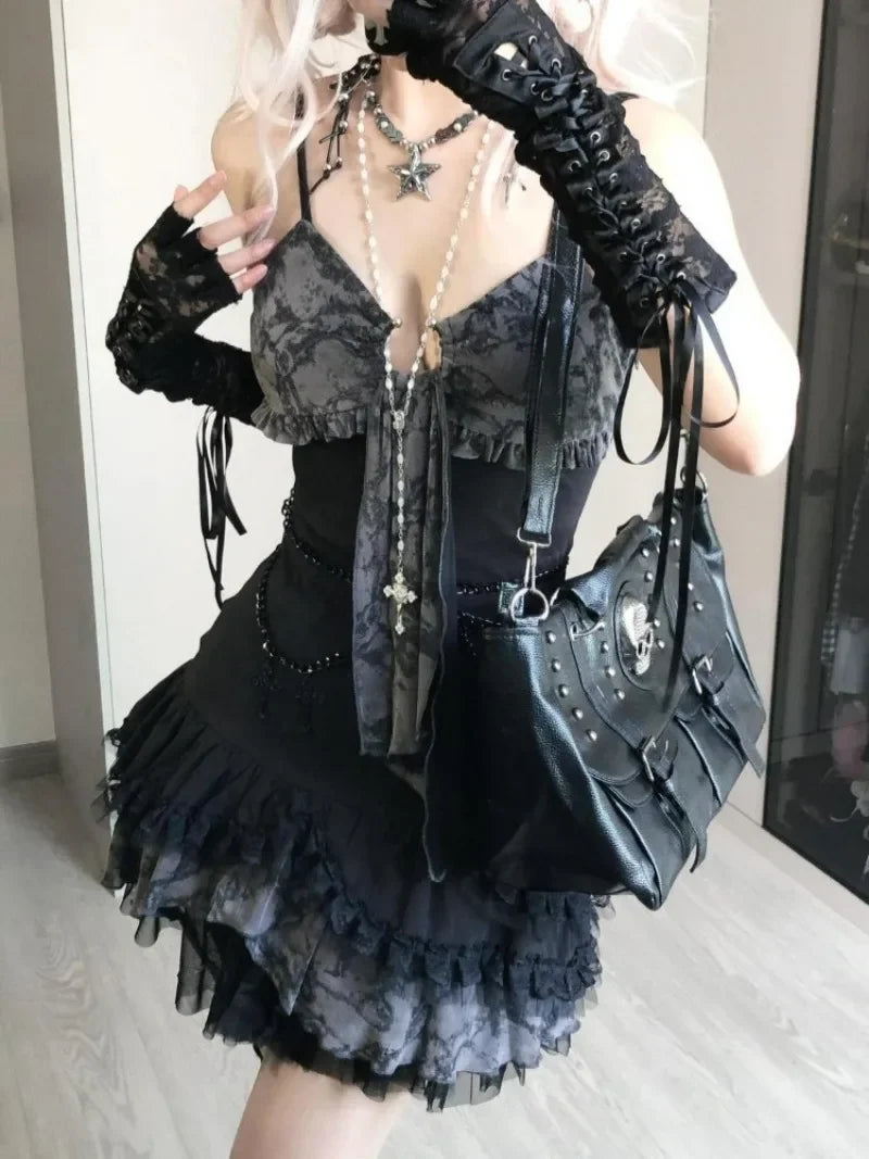 BXOXO 2025 Summer Fashion V-neck Camisole Dresses Sexy Lace Patchwork Dress for Women Y2k Grunge Slim Waist Ruched Vestidos Mujer