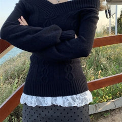 Bxoxo Korean Style Grey Sexy Sweater Women Sweet Off Shoulder V-neck Knitted Pullover Slim Up Fashion Long Sleeve Sweaters