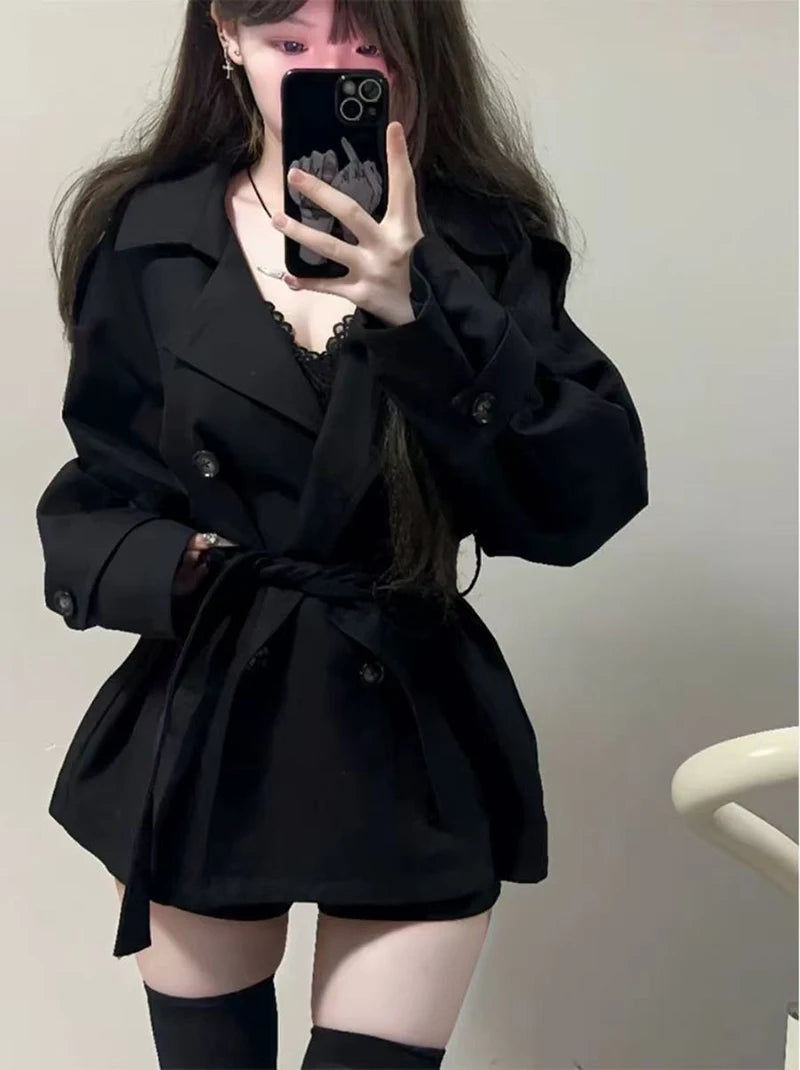 Bxoxo Y2K Black Coats for Women Korean Loose Elegant Double Breasted Lace Up Trench Jacket Ropa Mujer Streetwear Lapel Blend Outerwear