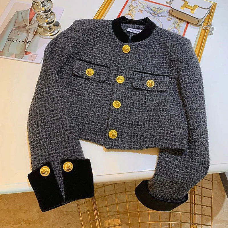Bxoxo Fashion Stitching Tweed Short Jacket Women Autumn Winter Elegant Office Lady Coat Y2K Korean O Neck Single Breasted Crop Outwear