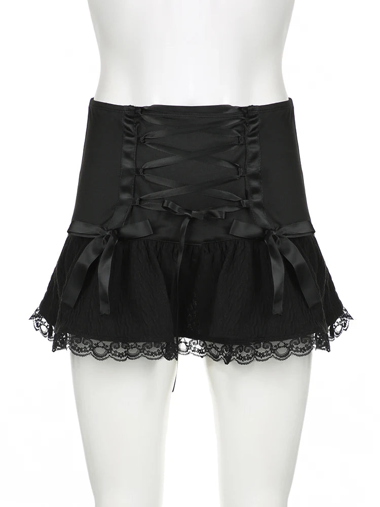 BXOXO Cross Lace Up Mini Skirts Black Gothic Low Waist Women Pleated Skirt Y2k Punk Dark Academic Grunge Streetwear Female