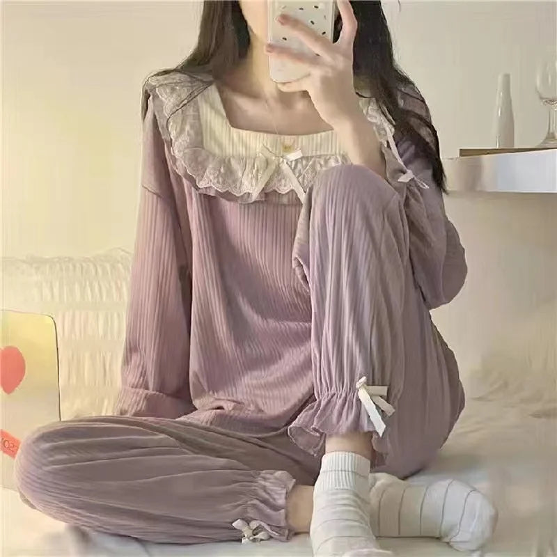 Bxoxo Pajamas Female 2 Sets Of Homewear Girls Spring And Autumn Long-Sleeved Trousers Sweet Student Princess Style Cute Homewear Set