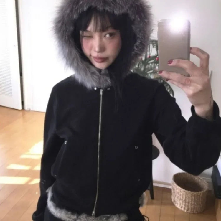BXOXO American Style Fluffy Hoodie Sweatshirts Spring Autumn New Loose Zipper Tops Women Y2k Grunge Long Sleeve Sweatshirt Mujer