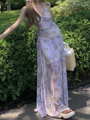 BXOXO Fashion Holiday Style Floral Print Halter Dresses Sleevelwss Slim fit Mesh Fairycore Women Long Dresses