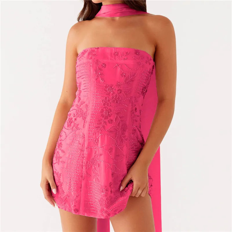 BXOXO Women Sequin Strapless Mini Dress with Scarf Y2K Rhinestone Sleeveless Off Shoulder Dress Sexy Backless Club Party Dress