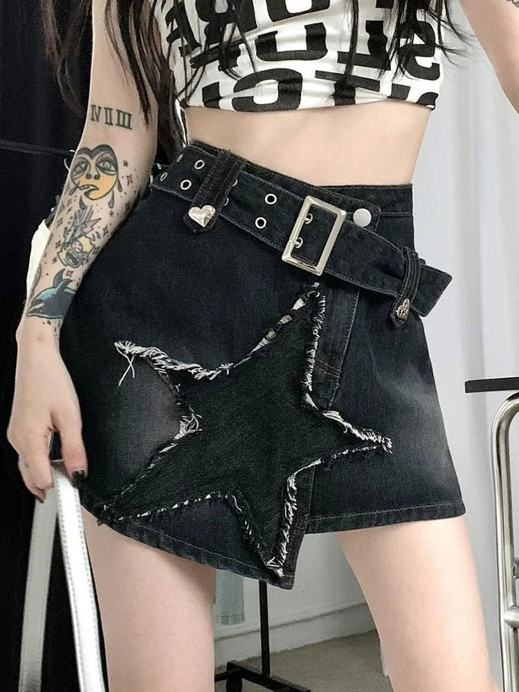 Bxoxo Vintage Star Y2K Denim Skirt Women High Waist Harajuku Belt Black Mini Skirt American Streetwear Retro Summer Gothic Skirt