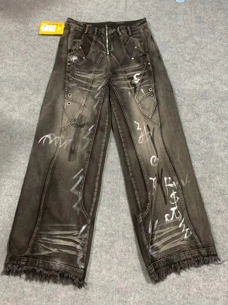 Bxoxo American Retro Hip-hop Jeans Women Street Style Trend Tie-dye Loose Straight Pants Washed Distressed Denim Trouser