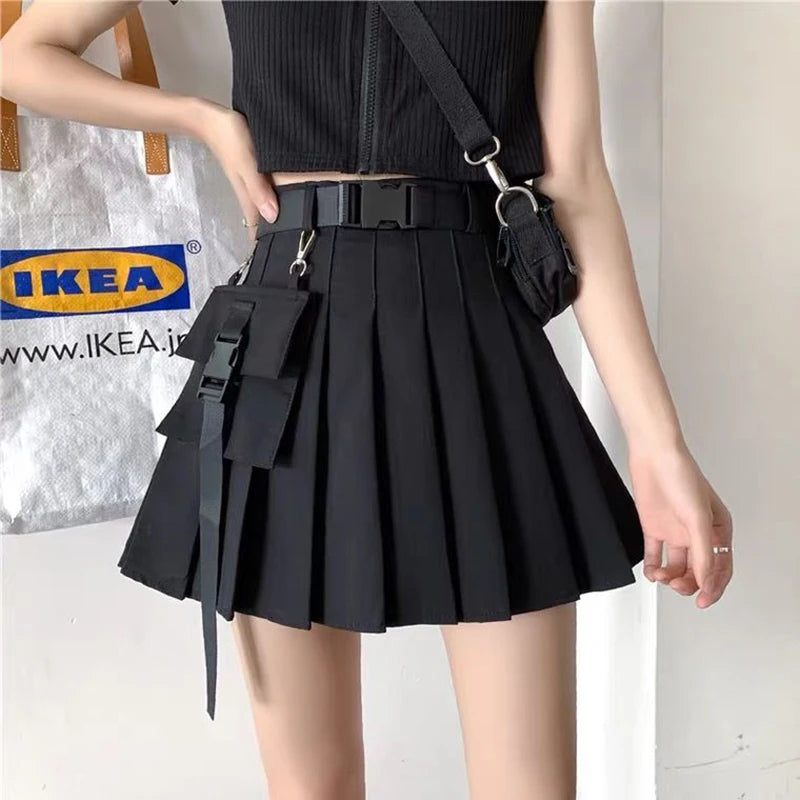 Bxoxo Harajuku Belt Pleated Cargo Skirt Women Fashion Gothic High Waist Pocket Mini Skirts Fashion Summer Lady A Line Black Skirt