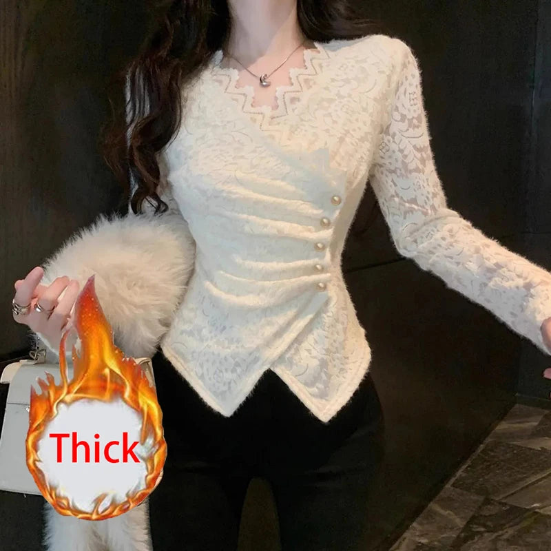 Bxoxo Lace V Neck Slim Shirt for Women Y2K Autumn Chic Crochet All Match Crop Tops Korean Elegant Office Ladies Thick Folds Blouse New