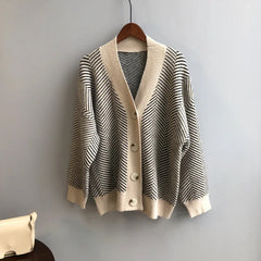 Bxoxo Women's Sweater Button Down V-Neck Striped Cardigan Knitted Tops Single Breasted Autumn Winter Casual Chic Knitwear Outfit