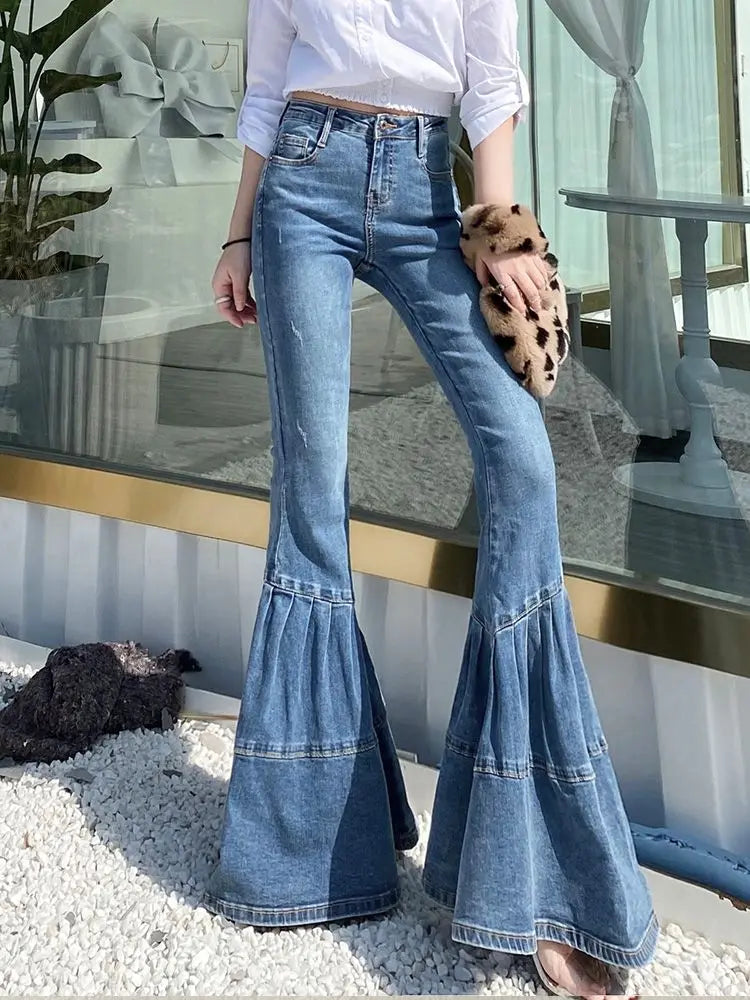 BXOXO Spring and Autumn Light Color Flared Pants Women's Retro High Waist Splicing Loose Slim Wide Leg Denim Pants y2k jeans