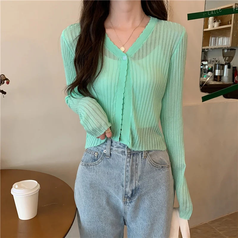 Bxoxo Sun Protection Light Weight Knitted Ice Silk Long Sve Cardigan Women's Slim Fit Summer New Sle Breathable Outerwear T-irt