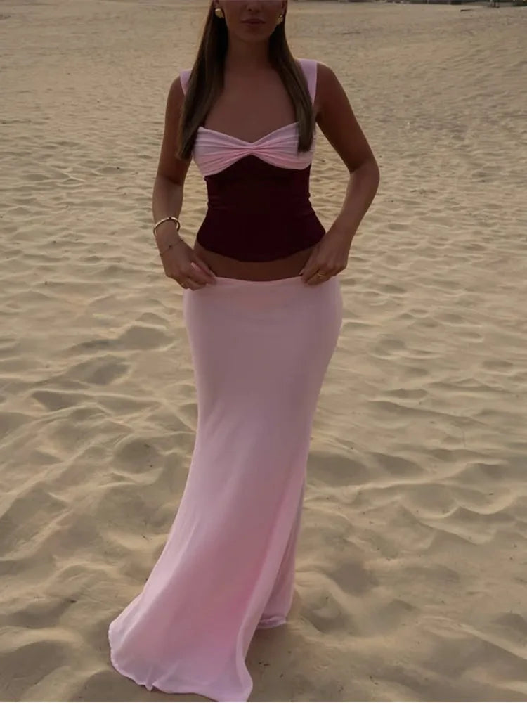 BXOXO  Sexy Skirt Two Piece Sets Women Halter Lace-up Cropped Tops And Maxi Skirt Ladies Fashion Sleeveless 2 Piece Sets