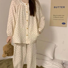 BXOXO Korean Sleepwear Women Pajama Sets Floral Piiama Spring Sets 2 Pieces Cute Long Sleeve Night Wears Sleep Button Home Suit 2024