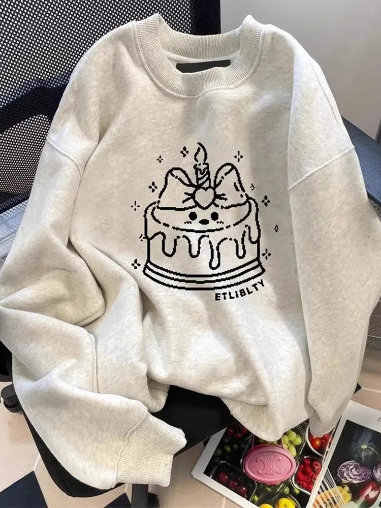 Bxoxo Cute Cake Print Sweatshirt Women Long Sleeve Loose Japan Kawaii Pullovers Fall Preppy Style O Neck Vintage Casual Sweet New Tops