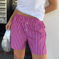 BXOXO Chic Women Loose Fit Shorts 90s Vintage Striped High Waist Lounge Trousers Y2K Streetwear Summer Pajamas Bottoms Boyshorts