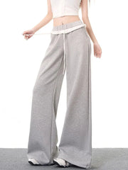 Bxoxo Elegant Vintage Gray Sweatpants Women High Waist Korean Sweet Wide Leg Pant Fall Retro Loose Ruffles Pockets Lady Trousers