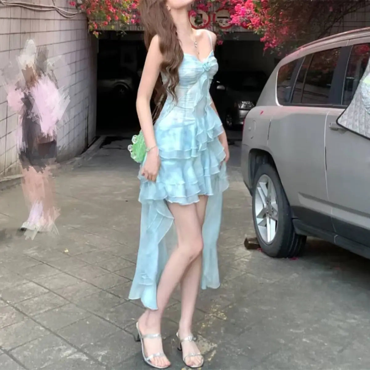 BXOXO Pure desire irregular ruffle edge V-neck suspender dress for women in summer sweet and spicy girl with a slim waist, holiday